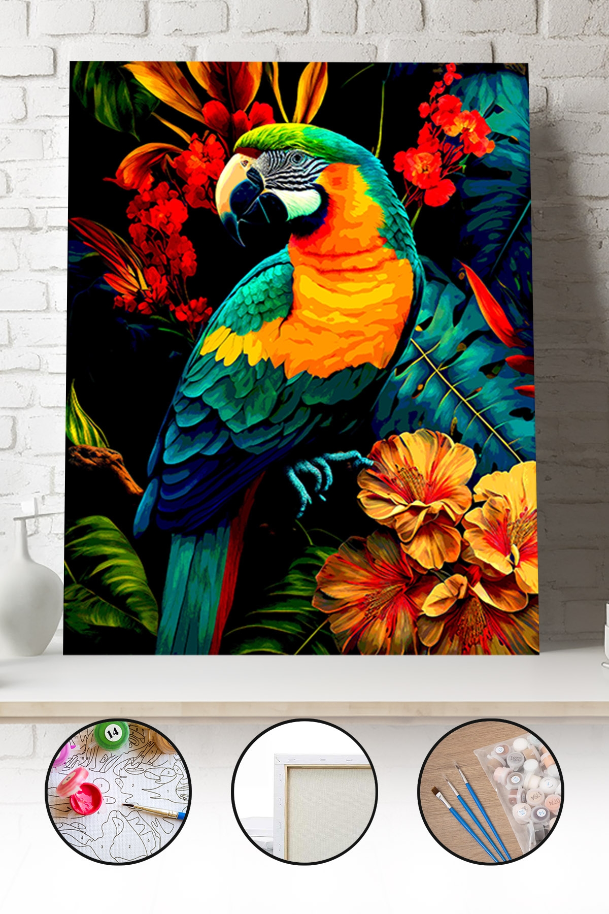 Sayılarla Boyama Seti 40x50 - 50x65 cm Tuval Hobi Boyama Tablosu - Renkli Papağan
