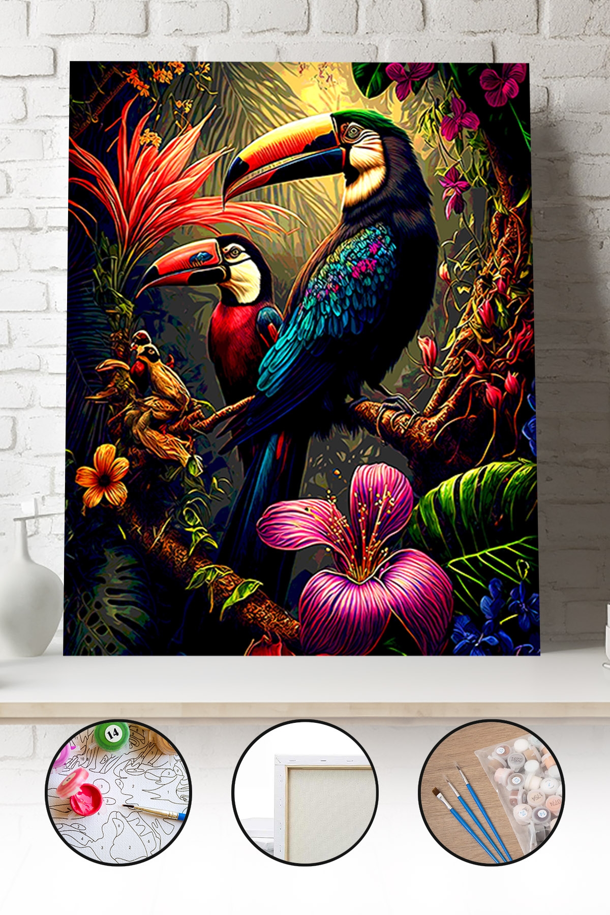 Sayılarla Boyama Seti 40x50 - 50x65 cm Tuval Hobi Boyama Tablosu - Renkli Tukan Kuşu