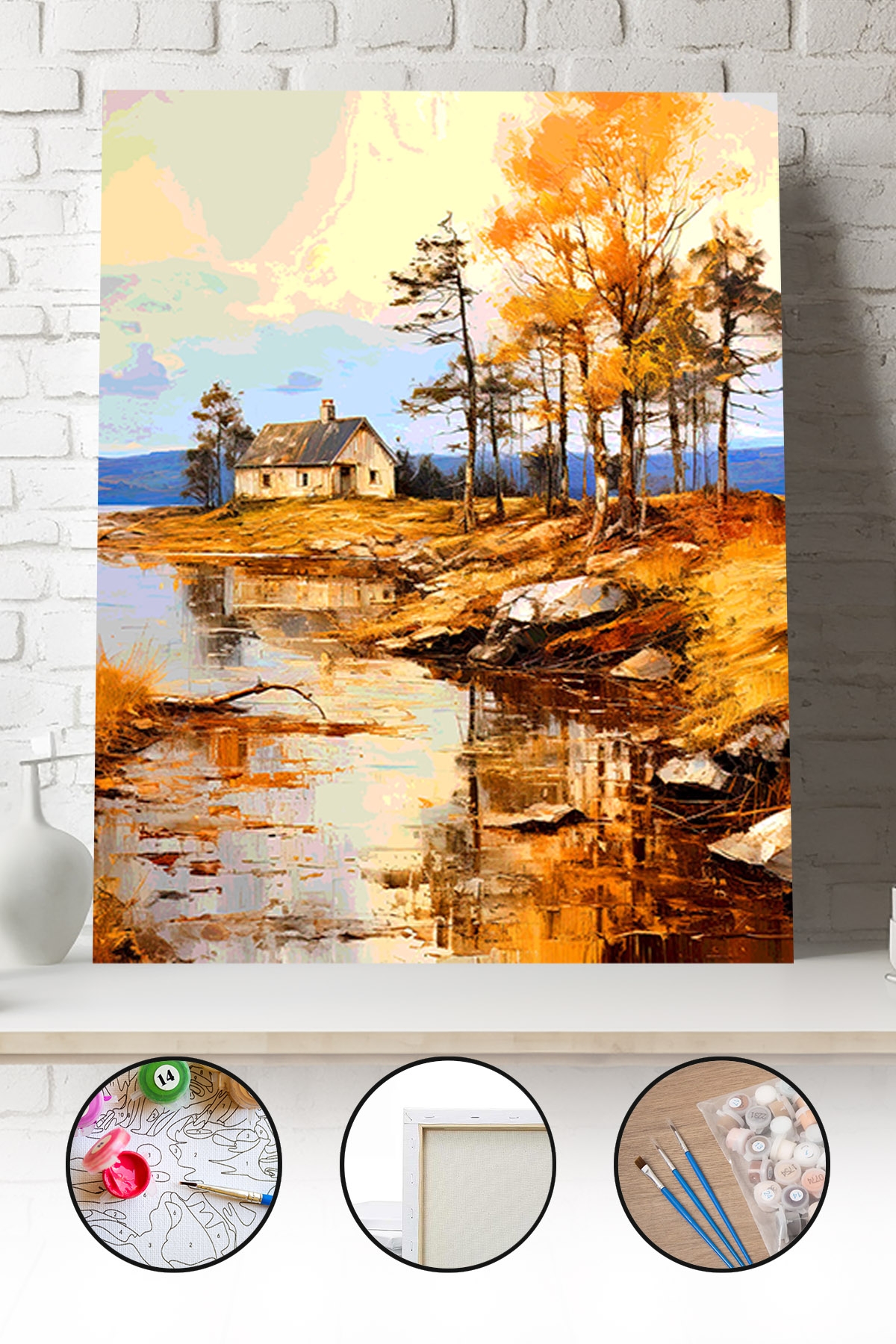 Sayılarla Boyama Seti 40x50 - 50x65 cm Tuval Hobi Boyama Tablosu - Sonbaharda Nehir Manzarası