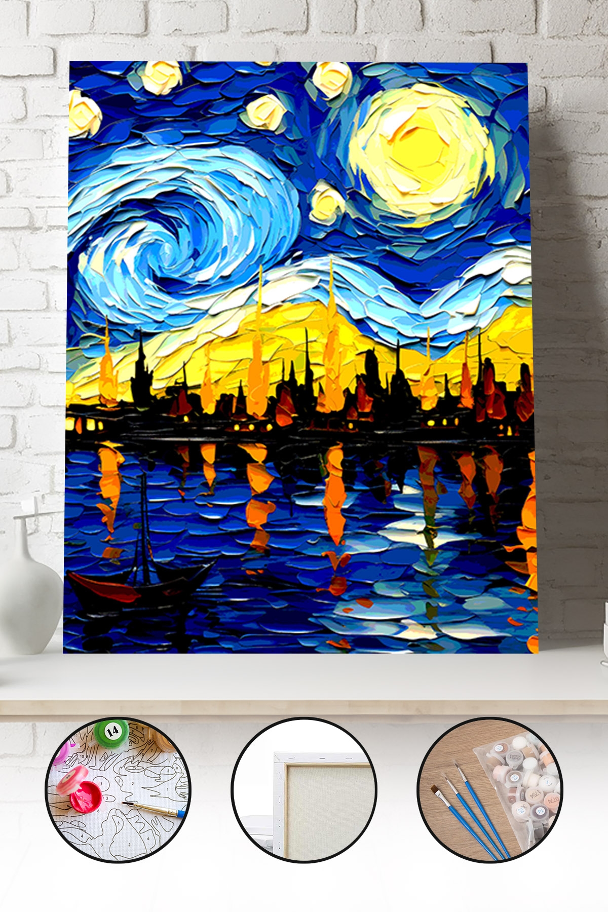 Sayılarla Boyama Seti 40x50 - 50x65 cm Tuval Hobi Boyama Tablosu - Van Gogh Tarzı Şehir Manzarası