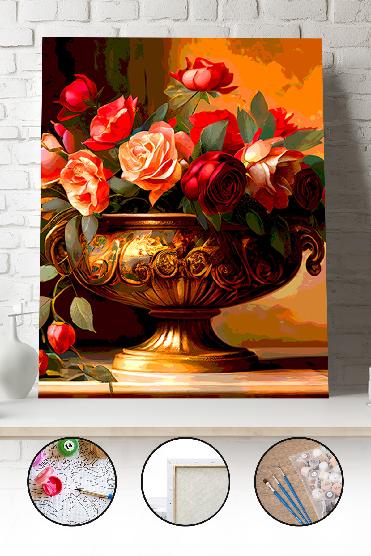 Sayılarla Boyama Seti 40x50 - 50x65 cm Tuval Hobi Boyama Tablosu - Vazoda Gül Buketi