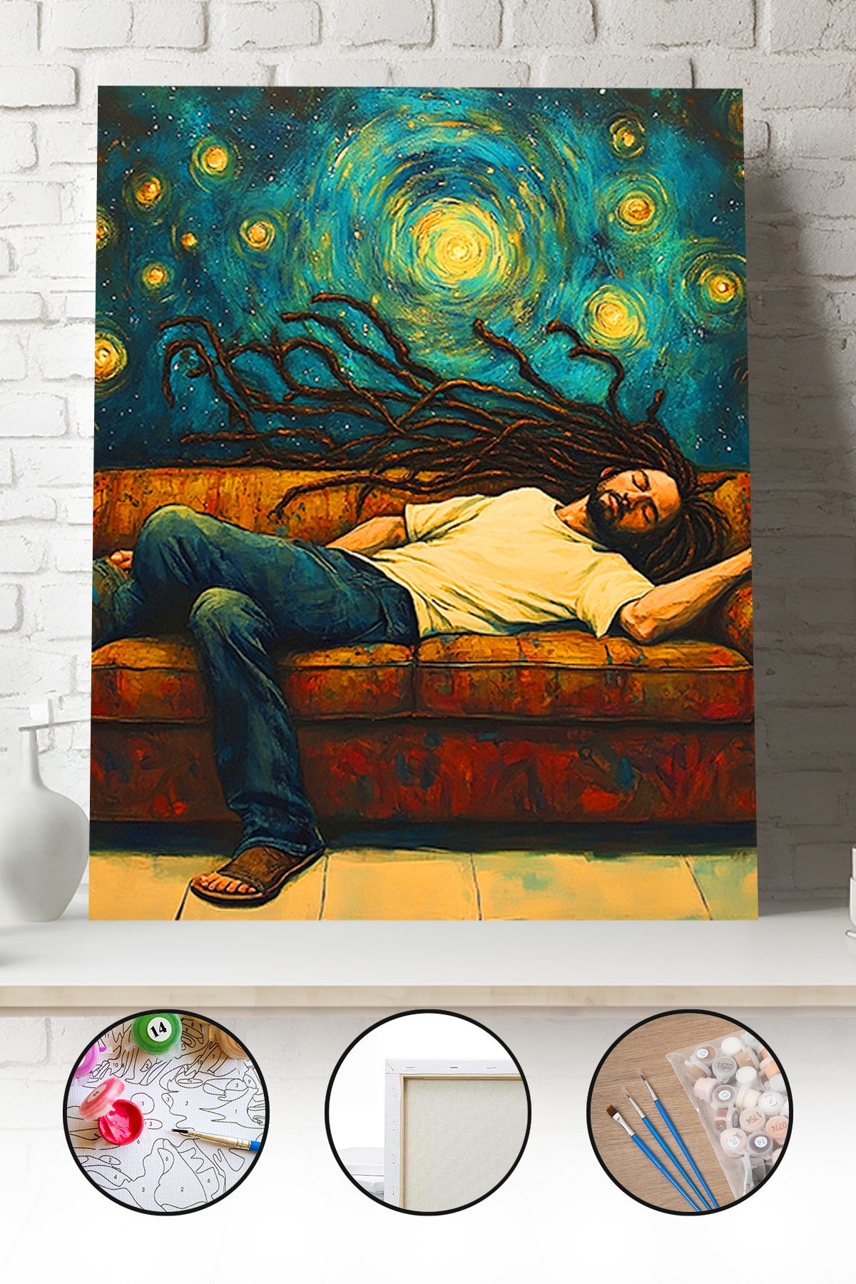 Sayılarla Boyama Seti 40x50 - 50x65 cm Tuval Hobi Boyama Tablosu - Yıldızlı Gecede Dinlenen Adam