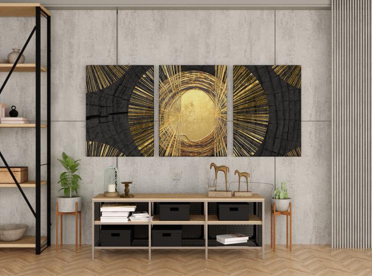 Altın ve Siyah Renkte  Soyut Desen Tasarımlı Dekor Kanvas Tablo 3’lü Set