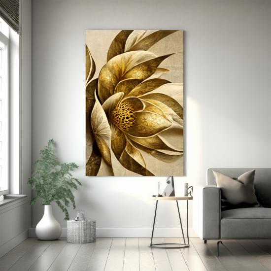Altın Renkli Yapraklar Tasarımlı Dekor Kanvas Tablo