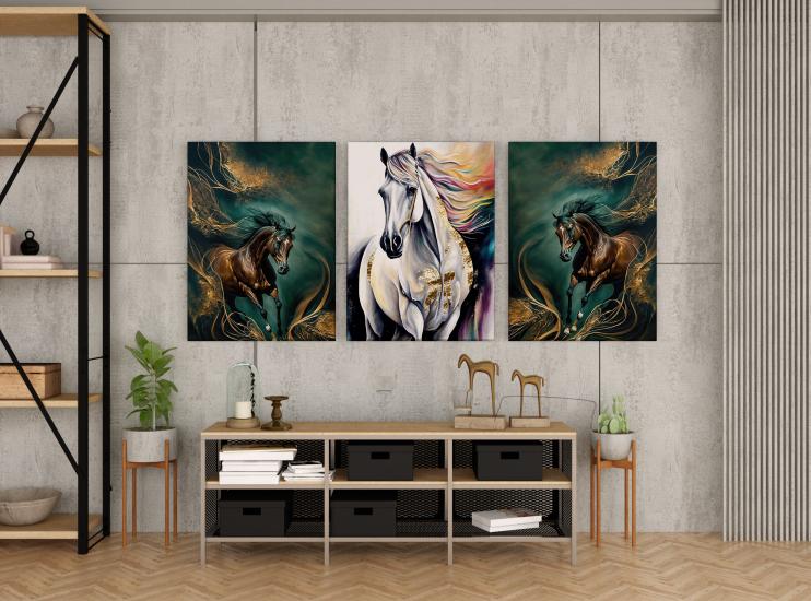 Beyaz ve Kahverengi Atlar Tasarımlı Dekor Kanvas Tablo 3’lü Set