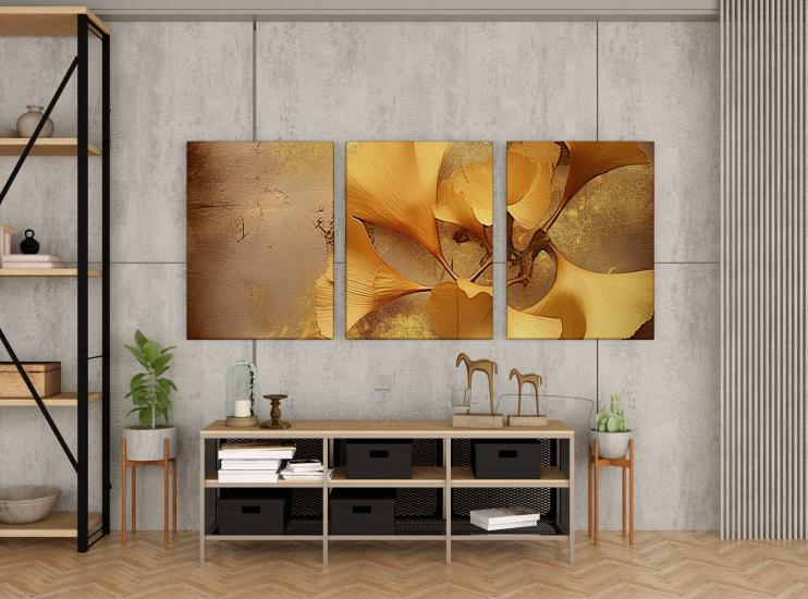 Gold Renkli Çiçek Tasarımlı Dekor Kanvas Tablo 3’lü Set