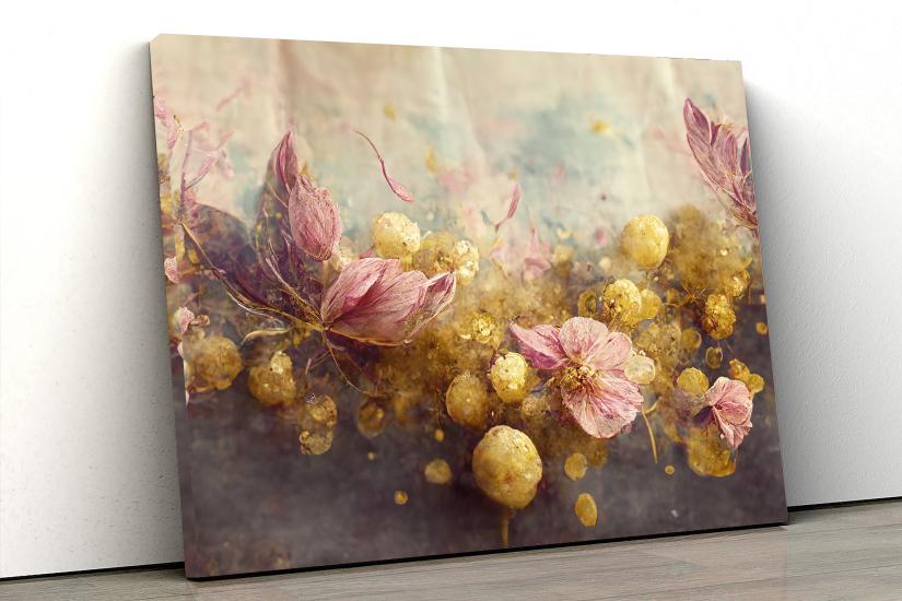 Gold ve Pembe Çiçekler Tasarımlı Dekor Kanvas Tablo