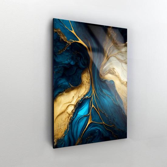Gold ve Mavi Desenler Tasarımlı Dekor Cam tablo