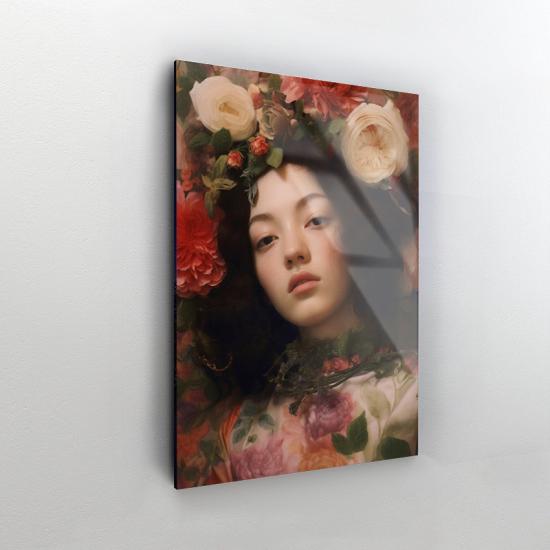 Güller ve Kadın Tasarımlı Dekor Cam Tablo