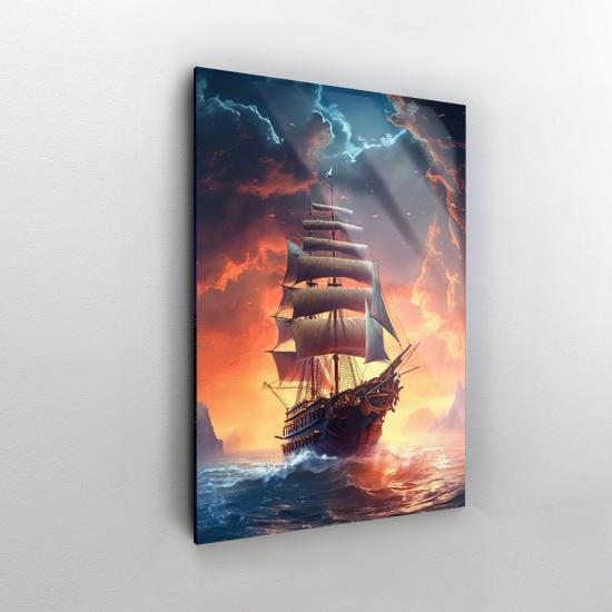 Gök ve Yelkenli Gemi Tasarımlı Dekor Cam Tablo
