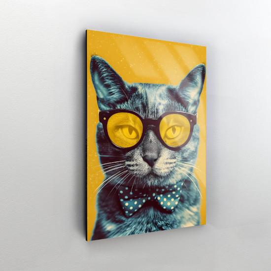 Gözlüklü Kedi Tasarımlı Dekor Cam Tablo