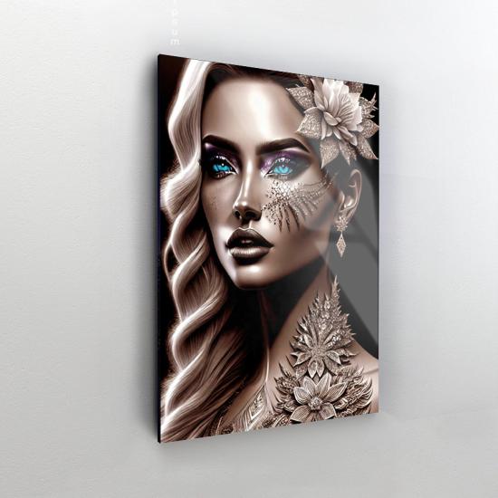 Mavi Gözlü Kadın Tasarımlı Dekor Cam Tablo