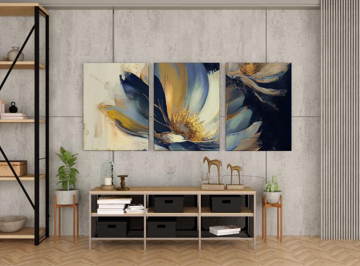 Mavi ve Sarı Renkli Çiçek Tasarımlı Dekor Kanvas Tablo 3’lü Set