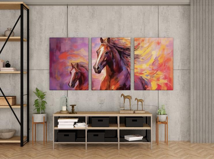 Mor Renkli Atlar Tasarımlı Dekor Kanvas Tablo 3’lü Set