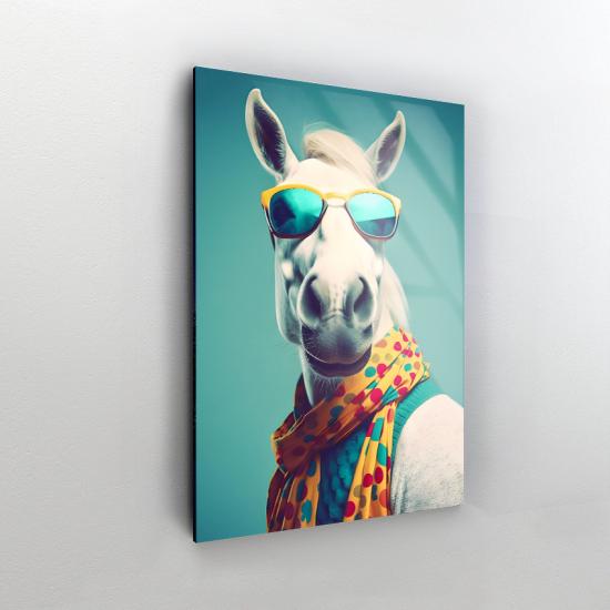 Renkli Gözlüklü At Tasarımlı Dekor Cam Tablo