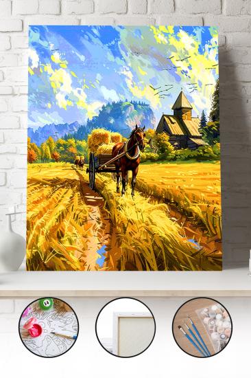 Sayılarla Boyama Seti 40x50 - 50x65 cm Tuval Hobi Boyama Tablosu - At Arabası