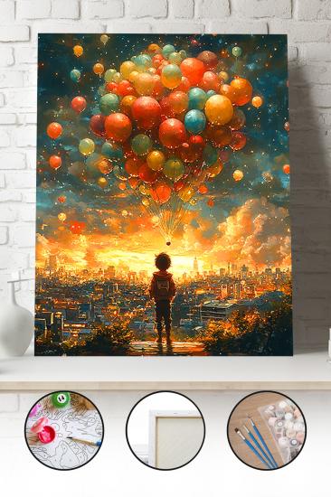 Sayılarla Boyama Seti 40x50 - 50x65 cm Tuval Hobi Boyama Tablosu - Balonlarla Şehir Manzarası
