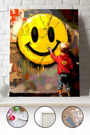 Sayılarla Boyama Seti 40x50 - 50x65 cm Tuval Hobi Boyama Tablosu - Banksy Graffiti Çizen Çocuk 02