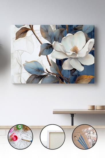 Sayılarla Boyama Seti 40x50 - 50x65 cm Tuval Hobi Boyama Tablosu - Beyaz Manolya Çiçeği