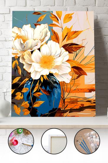 Sayılarla Boyama Seti 40x50 - 50x65 cm Tuval Hobi Boyama Tablosu - Beyaz Şakayık Çiçeği