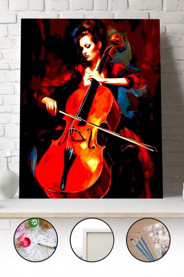 Sayılarla Boyama Seti 40x50 - 50x65 cm Tuval Hobi Boyama Tablosu - Çello Çalan Kadın Sanatçı
