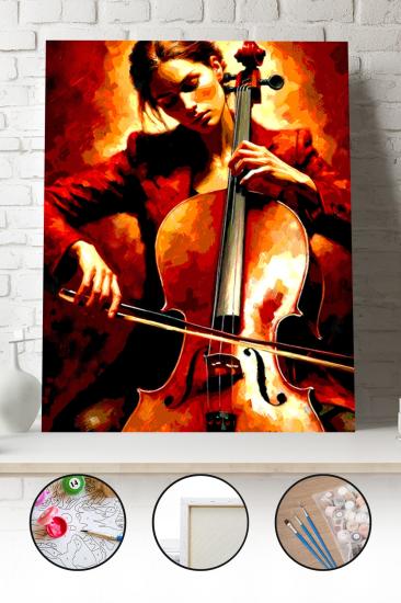 Sayılarla Boyama Seti 40x50 - 50x65 cm Tuval Hobi Boyama Tablosu - Çello Çalan Kadın Sanatçı 02