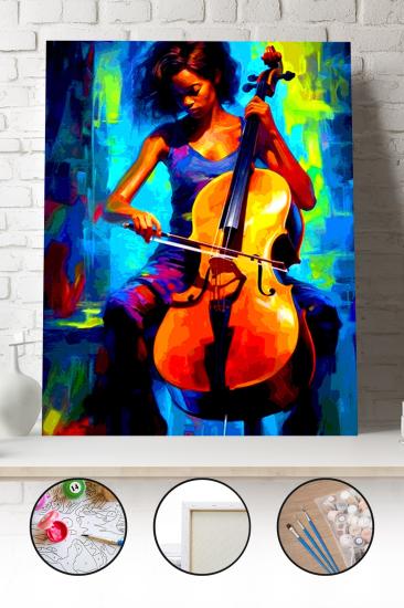 Sayılarla Boyama Seti 40x50 - 50x65 cm Tuval Hobi Boyama Tablosu - Çello Çalan Siyahi Kadın