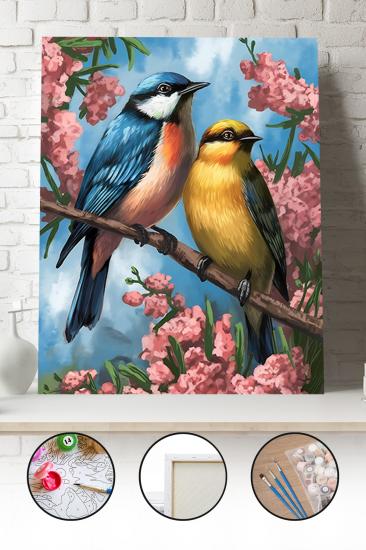 Sayılarla Boyama Seti 40x50 - 50x65 cm Tuval Hobi Boyama Tablosu - Çiçek Dalında Kuşlar