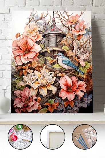Sayılarla Boyama Seti 40x50 - 50x65 cm Tuval Hobi Boyama Tablosu - Çiçekler ve Mavi Kuş