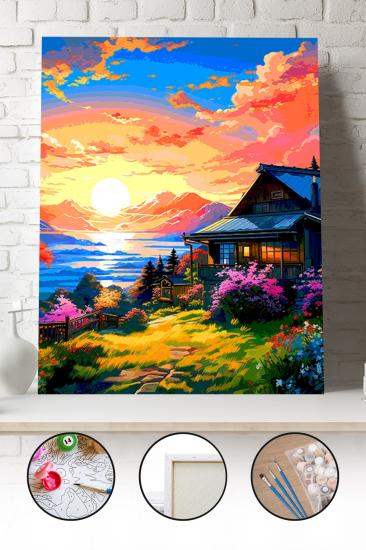 Sayılarla Boyama Seti 40x50 - 50x65 cm Tuval Hobi Boyama Tablosu - Dağ Evi Manzarası