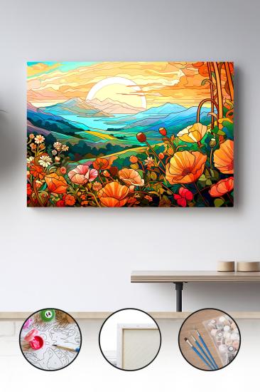 Sayılarla Boyama Seti 40x50 - 50x65 cm Tuval Hobi Boyama Tablosu - Dağdaki Ev Manzarası
