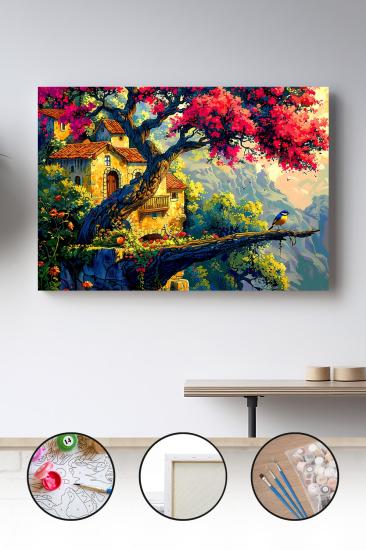 Sayılarla Boyama Seti 40x50 - 50x65 cm Tuval Hobi Boyama Tablosu - Dağ Evi Manzarası 02