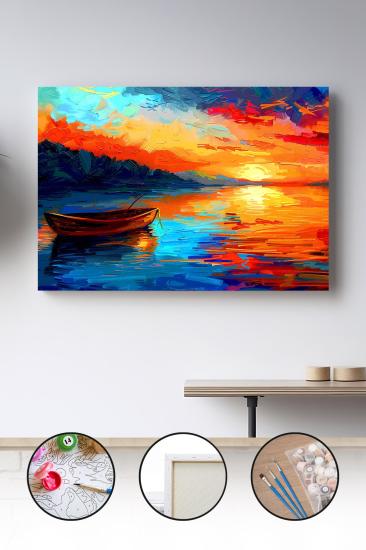 Sayılarla Boyama Seti 40x50 - 50x65 cm Tuval Hobi Boyama Tablosu - Denizdeki Tekne