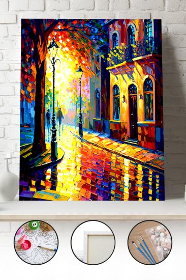 Sayılarla Boyama Seti 40x50 - 50x65 cm Tuval Hobi Boyama Tablosu - Gece Sokak Manzarası