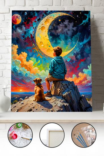 Sayılarla Boyama Seti 40x50 - 50x65 cm Tuval Hobi Boyama Tablosu - Gökyüzüne Bakan Çocuk