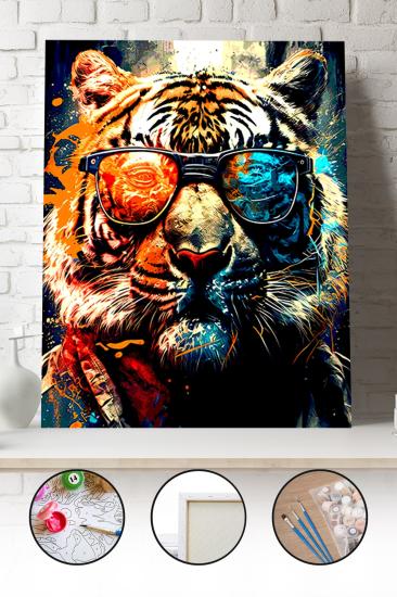 Sayılarla Boyama Seti 40x50 - 50x65 cm Tuval Hobi Boyama Tablosu - Gözlüklü Renkli Kaplan