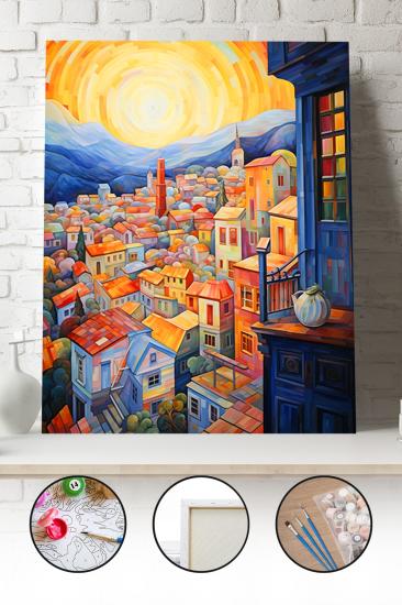 Sayılarla Boyama Seti 40x50 - 50x65 cm Tuval Hobi Boyama Tablosu - Gün Batımında Şehir Manzarası