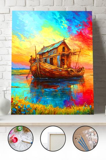 Sayılarla Boyama Seti 40x50 - 50x65 cm Tuval Hobi Boyama Tablosu - Günbatımında Ahşap Tekne