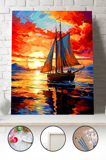 Sayılarla Boyama Seti 40x50 - 50x65 cm Tuval Hobi Boyama Tablosu - Günbatımında Deniz Manzarası