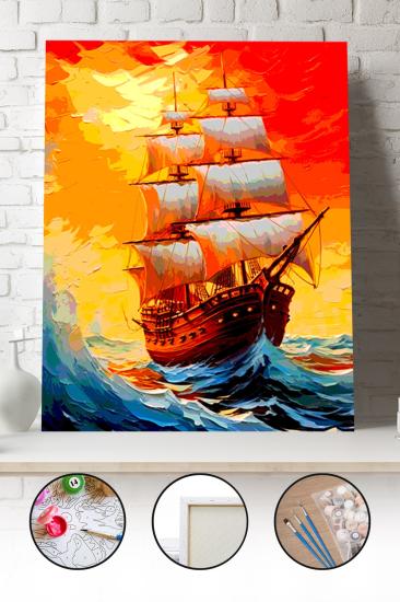 Sayılarla Boyama Seti 40x50 - 50x65 cm Tuval Hobi Boyama Tablosu - Günbatımında Gemi Manzarası 03