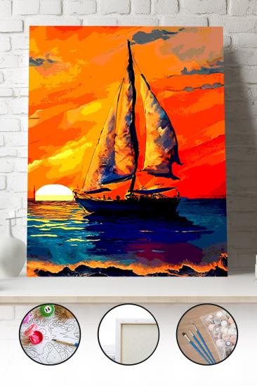 Sayılarla Boyama Seti 40x50 - 50x65 cm Tuval Hobi Boyama Tablosu - Günbatımında Gemi Manzarası 04