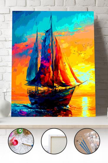 Sayılarla Boyama Seti 40x50 - 50x65 cm Tuval Hobi Boyama Tablosu - Günbatımında Gemi Manzarası