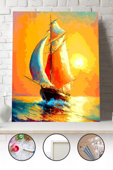 Sayılarla Boyama Seti 40x50 - 50x65 cm Tuval Hobi Boyama Tablosu - Günbatımında Gemi Manzarası 02