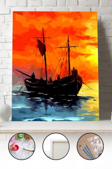 Sayılarla Boyama Seti 40x50 - 50x65 cm Tuval Hobi Boyama Tablosu - Günbatımında Tekne