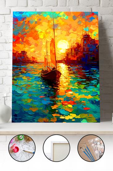Sayılarla Boyama Seti 40x50 - 50x65 cm Tuval Hobi Boyama Tablosu - Günbatımında Tekne Manzarası