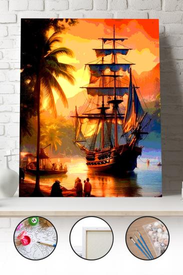 Sayılarla Boyama Seti 40x50 - 50x65 cm Tuval Hobi Boyama Tablosu - Günbatımında Yelkenli Manzarası