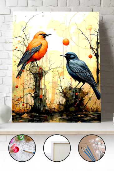 Sayılarla Boyama Seti 40x50 - 50x65 cm Tuval Hobi Boyama Tablosu - İki Renkli Kuş