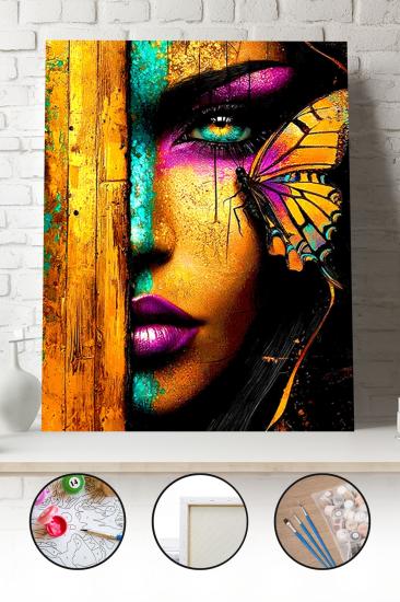 Sayılarla Boyama Seti 40x50 - 50x65 cm Tuval Hobi Boyama Tablosu - Kelebekli Kadın