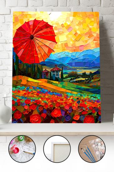 Sayılarla Boyama Seti 40x50 - 50x65 cm Tuval Hobi Boyama Tablosu - Kırmızı Şemsiye ve Manzara