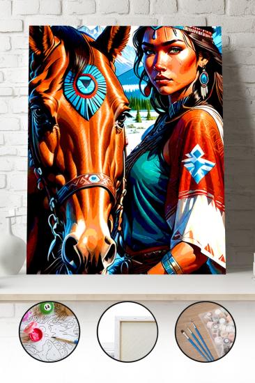 Sayılarla Boyama Seti 40x50 - 50x65 cm Tuval Hobi Boyama Tablosu - Kızılderili Kadın